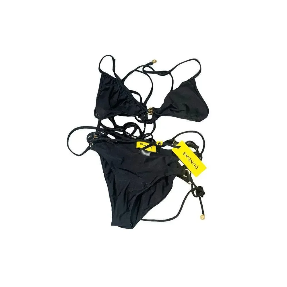 Dundas Josephine Women's Black Gold Accents Swim Bikini Set Size L NWT